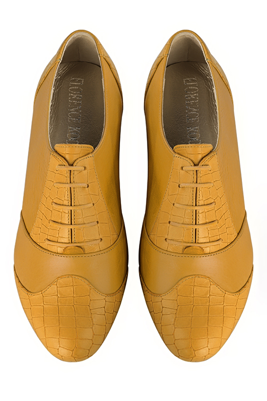 Mustard yellow women's fashion lace-up shoes. Round toe. Flat leather soles. Top view - Florence KOOIJMAN